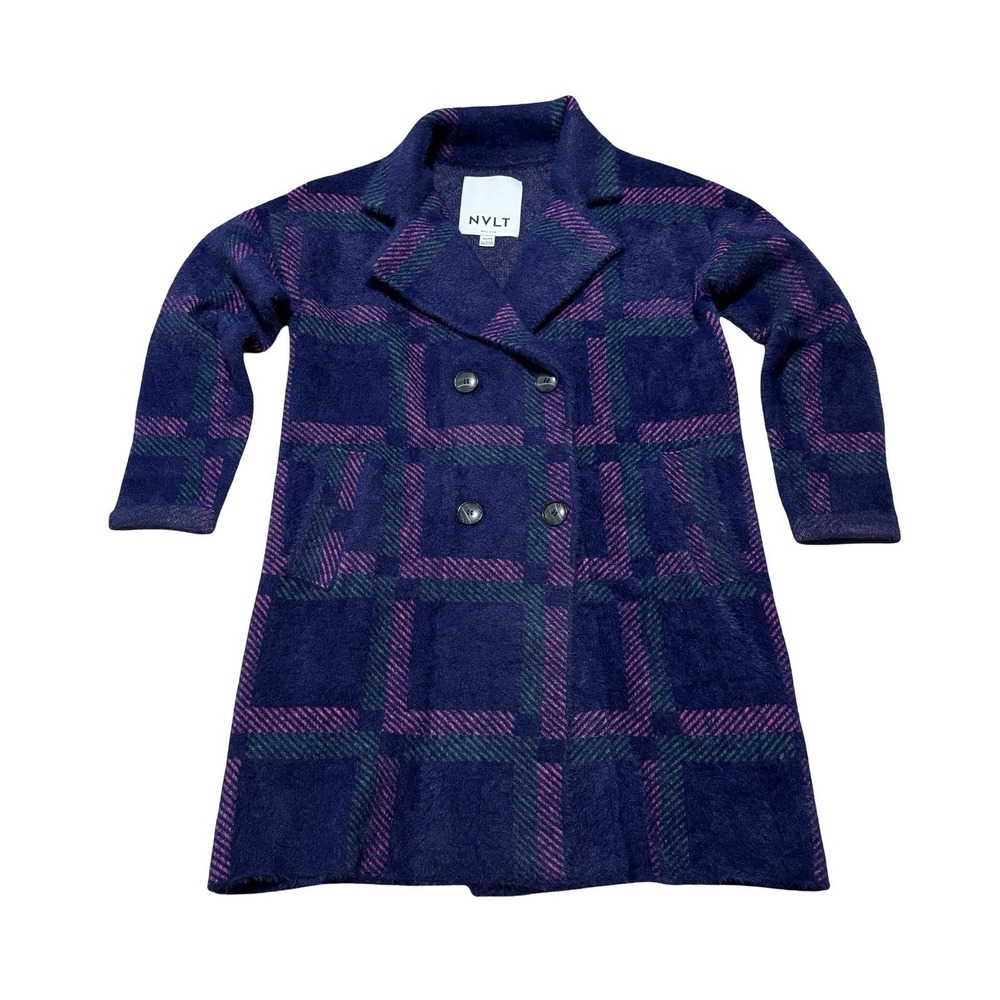 NVLT Purple Plaid Fuzzy Brushed Wool Blend Long Boyfriend City Coat  Sz XS 20x34